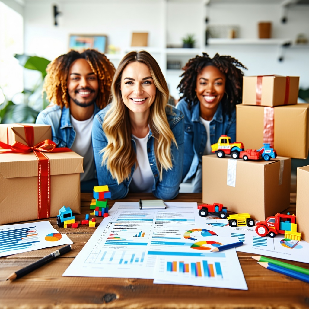 Comercial contracts on oak desk with smiling people and lots of widgets toys in boxes and delivery