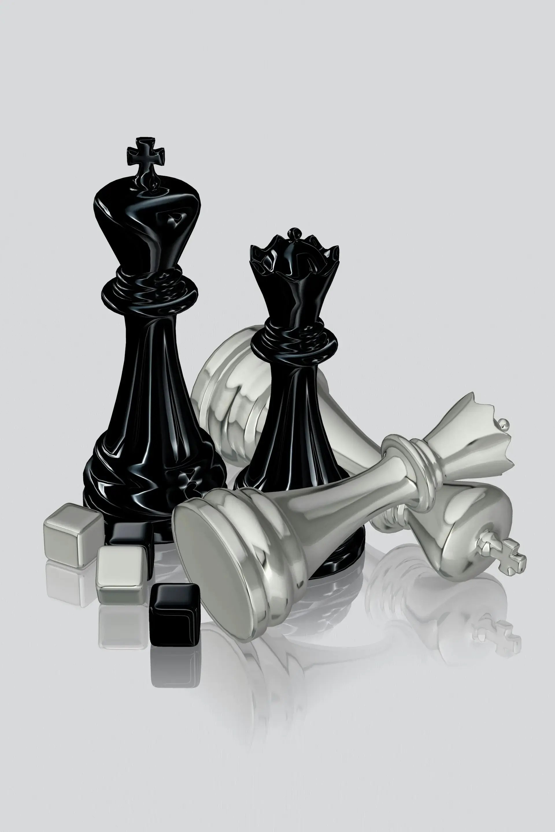 A chess board lit from one side, mid-game, with several pieces already taken