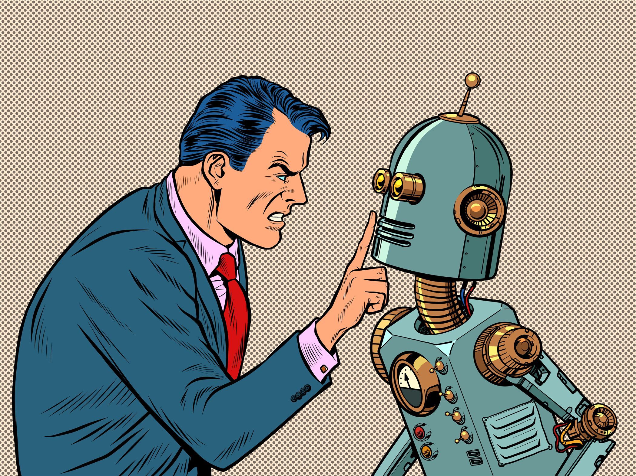 Retro pop art illustration of a man pointing at a robot, representing the tension between lawyers and AI technology