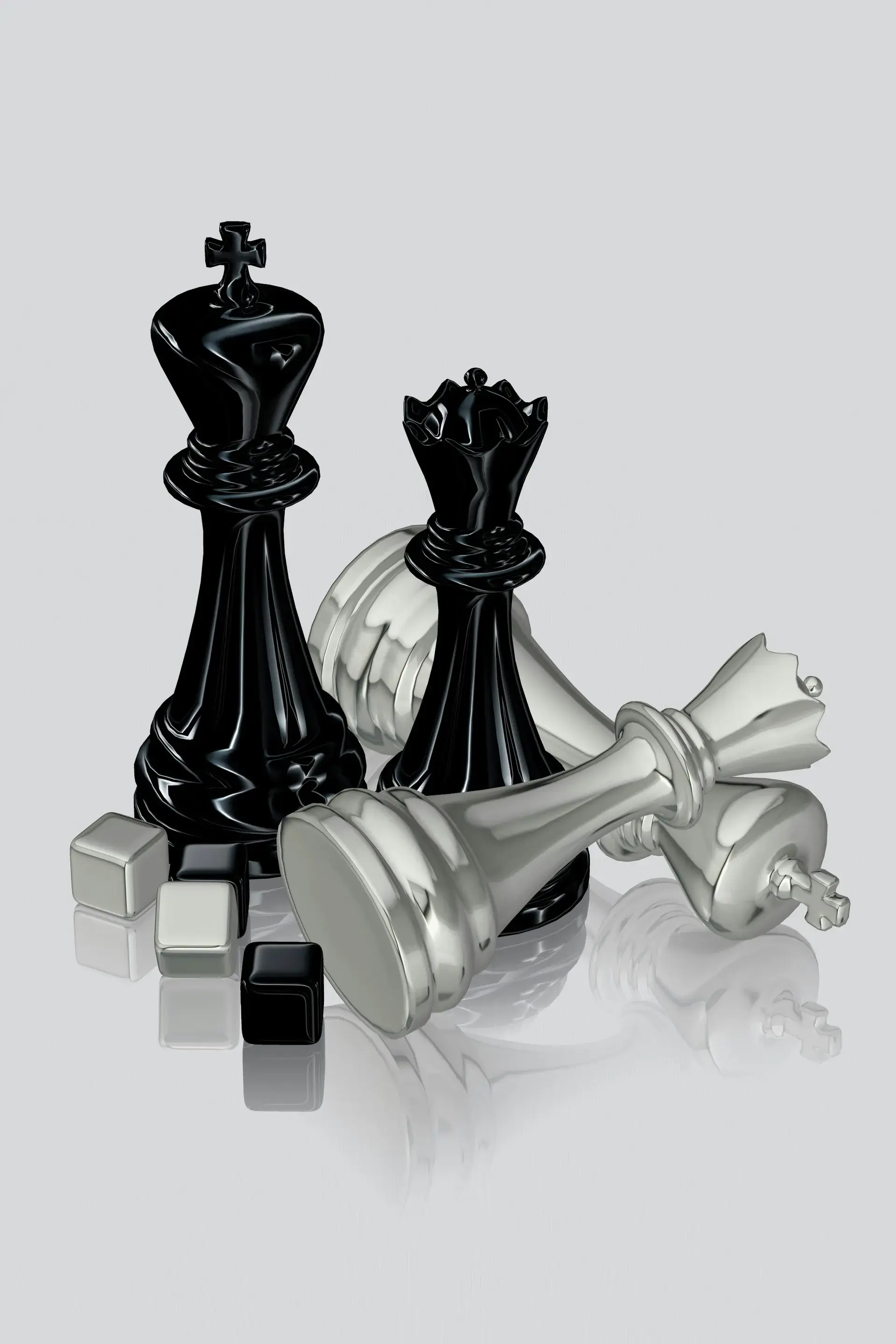 A chess board lit from one side, mid-game, with several pieces already taken